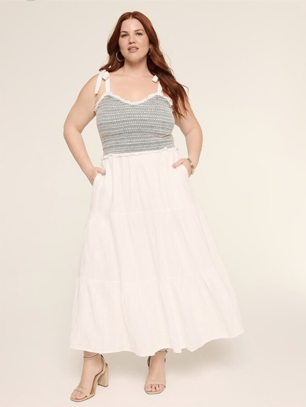 Lane Bryant White Maxi Sundress with Smocked Bodice